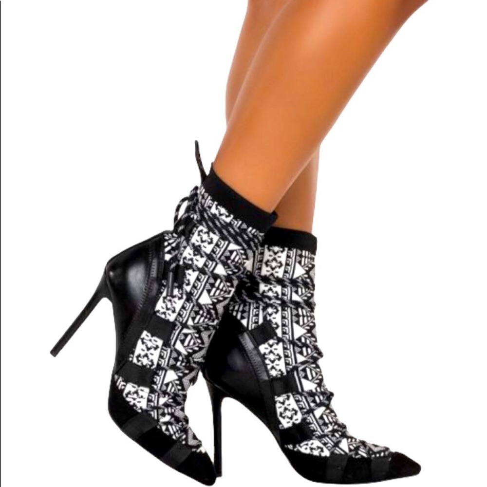 Azalea Wang Vegan Black & White Sock Ankle Stiletto Heel Booties